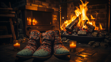 warm christmas socks on the wooden fireplace