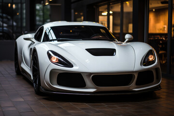Fototapeta na wymiar Luxury white sports car stands in the city, close up view