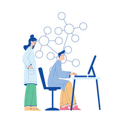 Chemistry with Man and Woman Scientist Character Sitting at Desk Vector Illustration