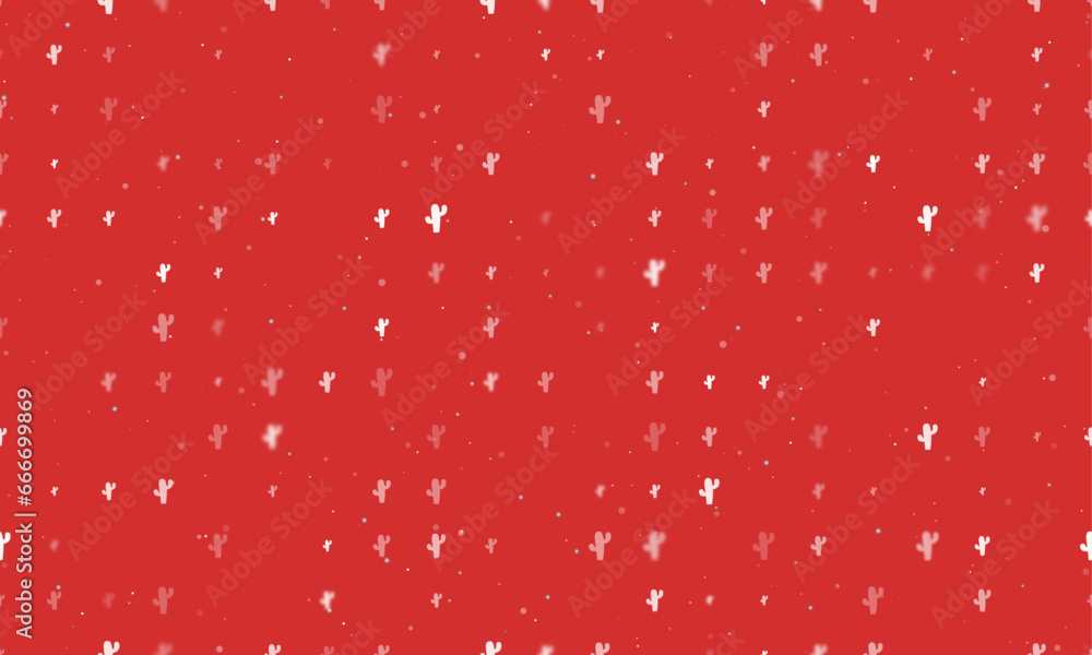 Poster seamless background pattern of evenly spaced white cactus symbols of different sizes and opacity. ve