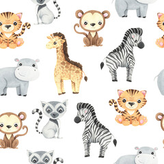 Seamless pattern with watercolor tropical exotic animals