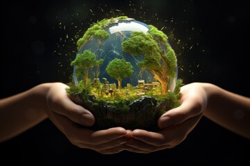 Earth day or environmental protection. Renewable energy light bulb, solar panels. Nature protection concept.
