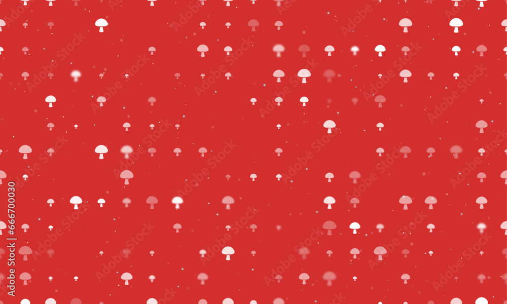 Poster seamless background pattern of evenly spaced white mushroom symbols of different sizes and opacity. 