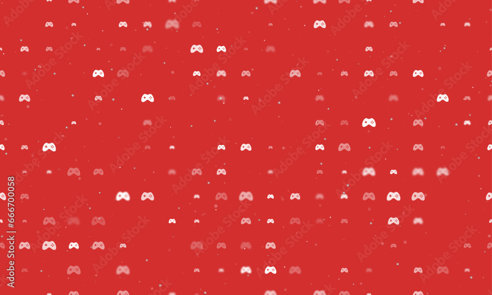 Poster seamless background pattern of evenly spaced white joystick symbols of different sizes and opacity. 