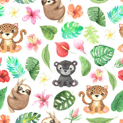 Seamless pattern with watercolor tropical exotic animals