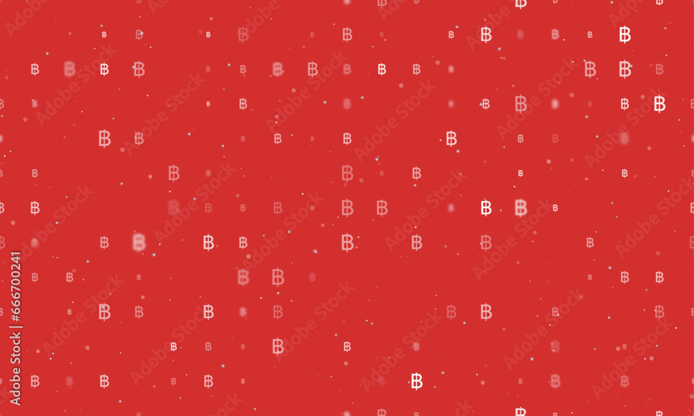 Poster seamless background pattern of evenly spaced white thai baht symbols of different sizes and opacity.