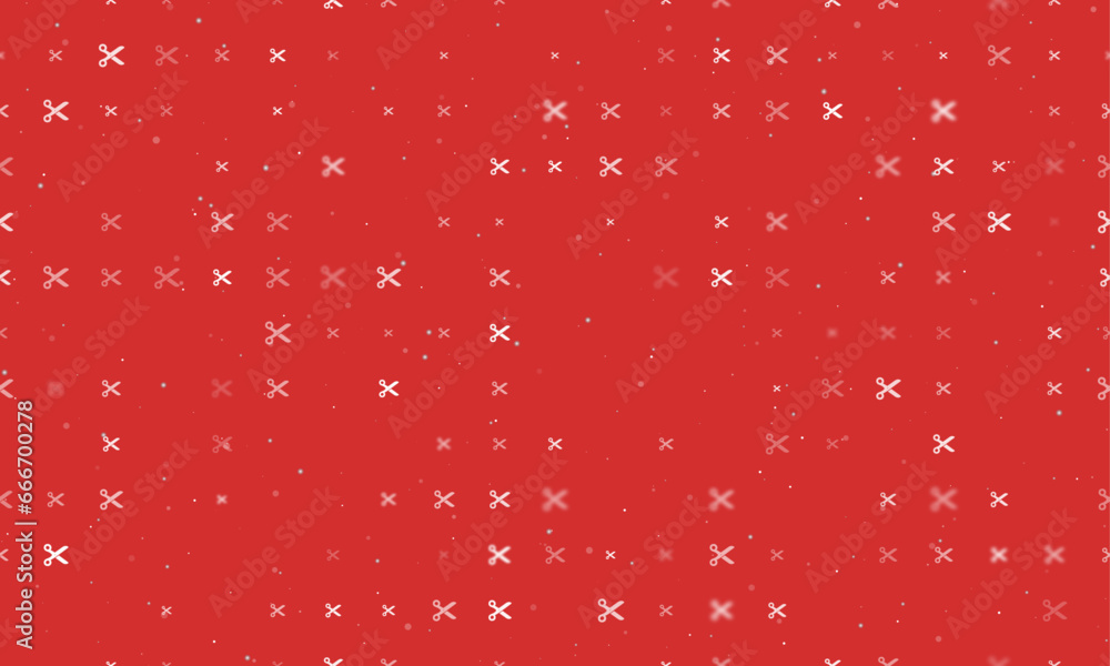 Poster seamless background pattern of evenly spaced white scissors symbols of different sizes and opacity. 