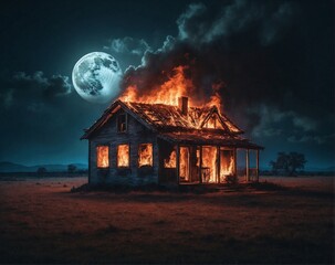 house in the fire in the night, ai generated