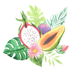 Watercolor watercolor summer tropical fruits with flowers