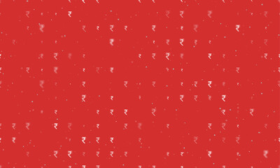 Seamless background pattern of evenly spaced white indian rupee symbols of different sizes and opacity. Vector illustration on red background with stars - obrazy, fototapety, plakaty