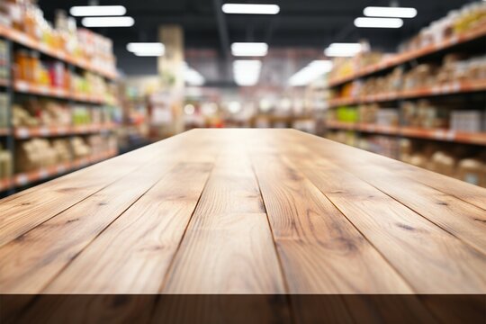 Supermarket bokeh behind wood tabletop, perfect for product display presentations