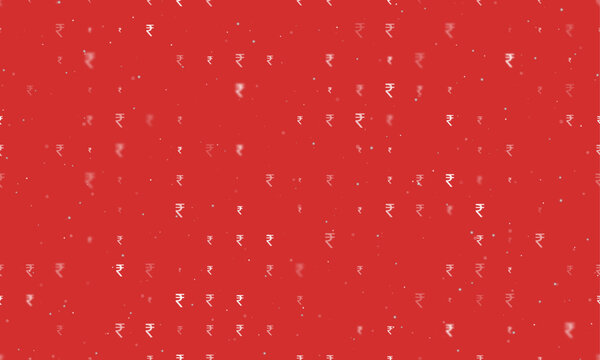 Seamless background pattern of evenly spaced white indian rupee symbols of different sizes and opacity. Vector illustration on red background with stars