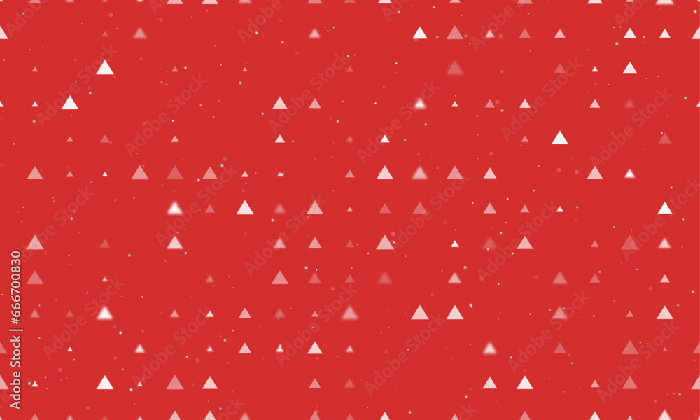 Poster seamless background pattern of evenly spaced white triangle symbols of different sizes and opacity. 