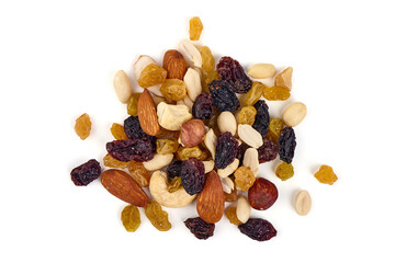 Nut and dried fruit mix, isolated on white background.