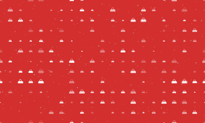 Seamless background pattern of evenly spaced white sports bag symbols of different sizes and opacity. Vector illustration on red background with stars