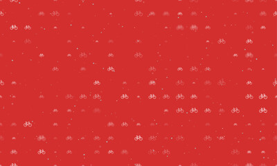 Seamless background pattern of evenly spaced white bicycle symbols of different sizes and opacity. Vector illustration on red background with stars