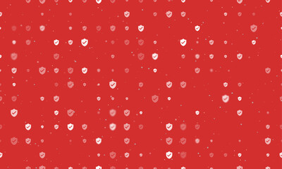 Seamless background pattern of evenly spaced white protection mark symbols of different sizes and opacity. Vector illustration on red background with stars