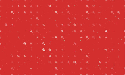Seamless background pattern of evenly spaced white zoom in symbols of different sizes and opacity. Vector illustration on red background with stars