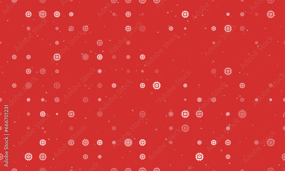 Poster seamless background pattern of evenly spaced white chip symbols of different sizes and opacity. vect