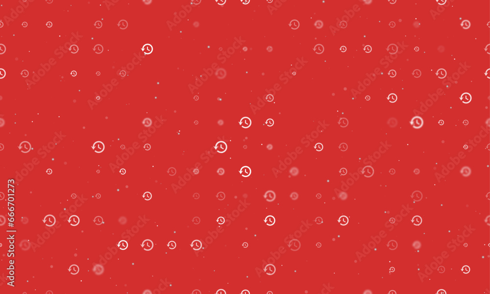 Poster seamless background pattern of evenly spaced white time back symbols of different sizes and opacity.