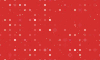 Seamless background pattern of evenly spaced white chip symbols of different sizes and opacity. Vector illustration on red background with stars
