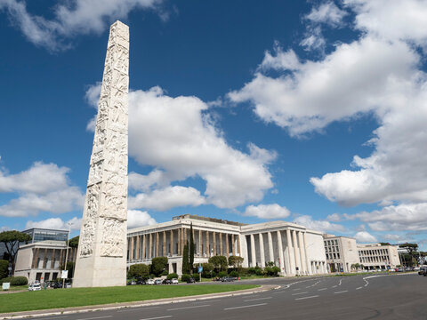 Obelisk in the centre of Piazza Marconi, Faschist architecture, EUR District, Rome, Lazio