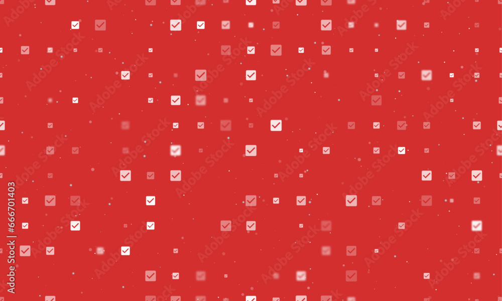 Poster seamless background pattern of evenly spaced white checkbox symbols of different sizes and opacity. 