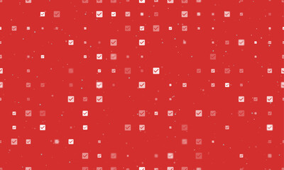 Seamless background pattern of evenly spaced white checkbox symbols of different sizes and opacity. Vector illustration on red background with stars