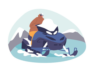 Male Character Roaring Through Icy Terrain On A Snowmobile. Man Conquers The Snowy Expanse, Vector Illustration