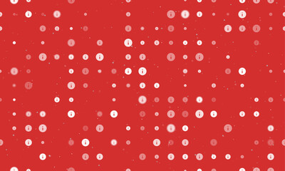 Seamless background pattern of evenly spaced white info symbols of different sizes and opacity. Vector illustration on red background with stars