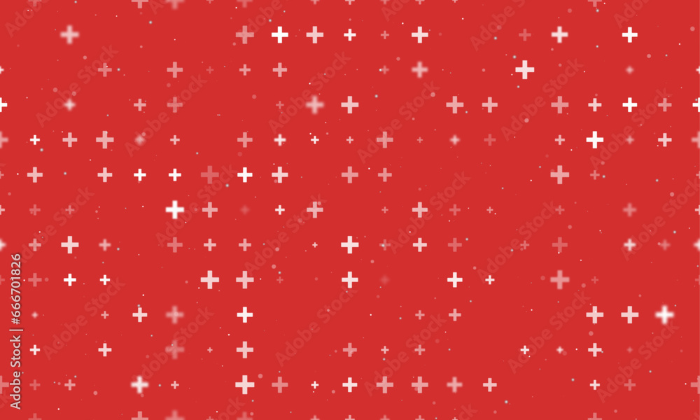 Poster seamless background pattern of evenly spaced white plus symbols of different sizes and opacity. vect