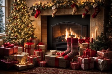 regalos navideños al lado de chimenea y medias con dulces - obrazy, fototapety, plakaty