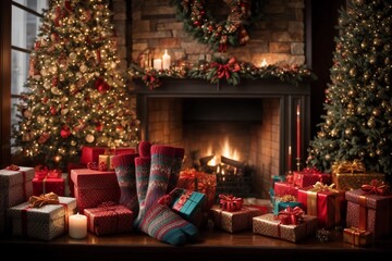 regalos navideños al lado de chimenea y medias con dulces - obrazy, fototapety, plakaty