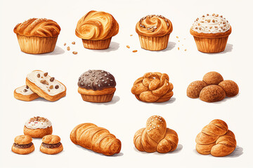 Collection of different types of bread, icon illustration