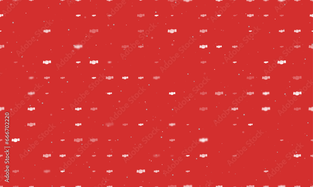 Poster seamless background pattern of evenly spaced white handshake symbols of different sizes and opacity.