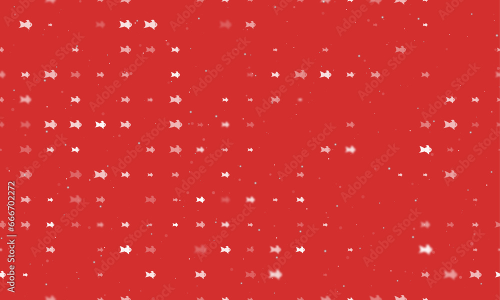 Poster seamless background pattern of evenly spaced white gold fish symbols of different sizes and opacity.