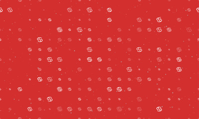 Seamless background pattern of evenly spaced white cancer zodiac symbols of different sizes and opacity. Vector illustration on red background with stars