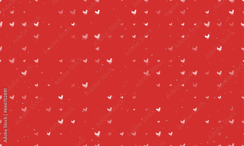 Poster Seamless background pattern of evenly spaced white chicken symbols of different sizes and opacity. Vector illustration on red background with stars