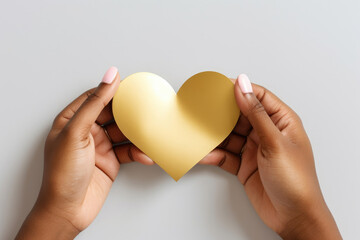 Cœur en papier doré tenu à deux mains sur un fond blanc