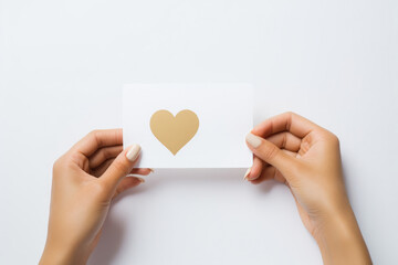 Deux mains tenant une carte blanche en papier avec un cœur doré. Fond blanc - obrazy, fototapety, plakaty