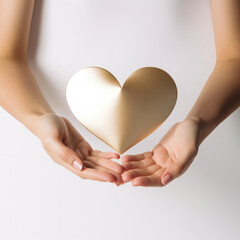 Obraz premium Cœur doré en papier tenu à deux mains sur un fond blanc