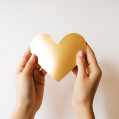 Obraz premium Cœur en papier doré tenu à deux mains sur un fond blanc