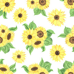 Seamless pattern with watercolor sunflowers - 666703221