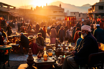 Afghanistan - The bustling atmosphere of Kabul's historic Chicken Street bazaar, where locals and tourists intermingle amidst vibrant stalls selling handicrafts and traditional wares - obrazy, fototapety, plakaty