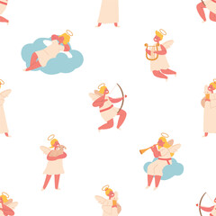Charming Seamless Pattern Featuring Adorable Angels Heavenly Characters With Delicate Wings, Smiles, Relax On Clouds