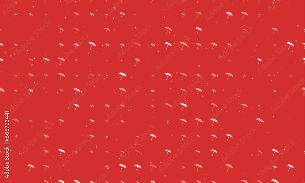 Poster seamless background pattern of evenly spaced white umbrella symbols of different sizes and opacity. 