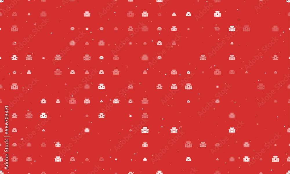 Poster seamless background pattern of evenly spaced white castle symbols of different sizes and opacity. ve