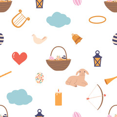 Seamless Pattern with Beautiful Angelic Items. Dove, Clouds, Harp, Basket with Easter Eggs, Lantern, Candle, Bell, Bow
