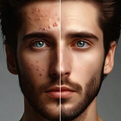 Face of a young man before and after acne treatment. Cosmetology procedure. Youth and beauty concept. Skin care. Perfect skin and skin with acne. Plain background. Generative AI