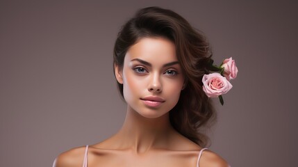 Obraz premium A portrait of a beautiful, sensual woman with bared shoulders and flowers looking at the camera with tenderness isolated over a light background is a concept for a spa, female health spa,